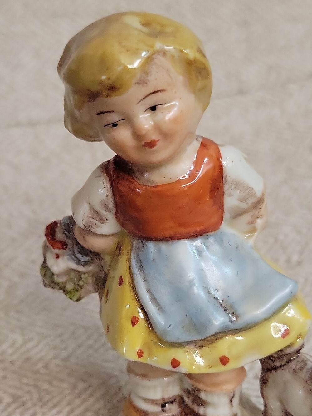 Vintage German Porcelain Figurine Girl with Cat Flowers Hummel Style